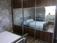 Wood panel with mirror slide robes